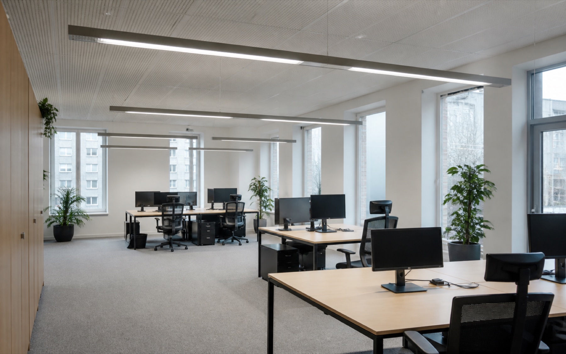 Modern office with linear LED lighting