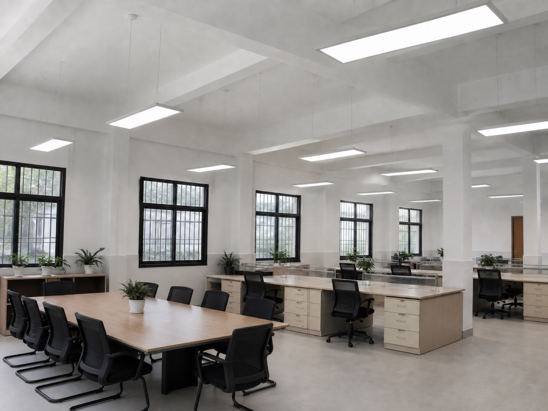 Meeting and work area lit by suspended LED lights