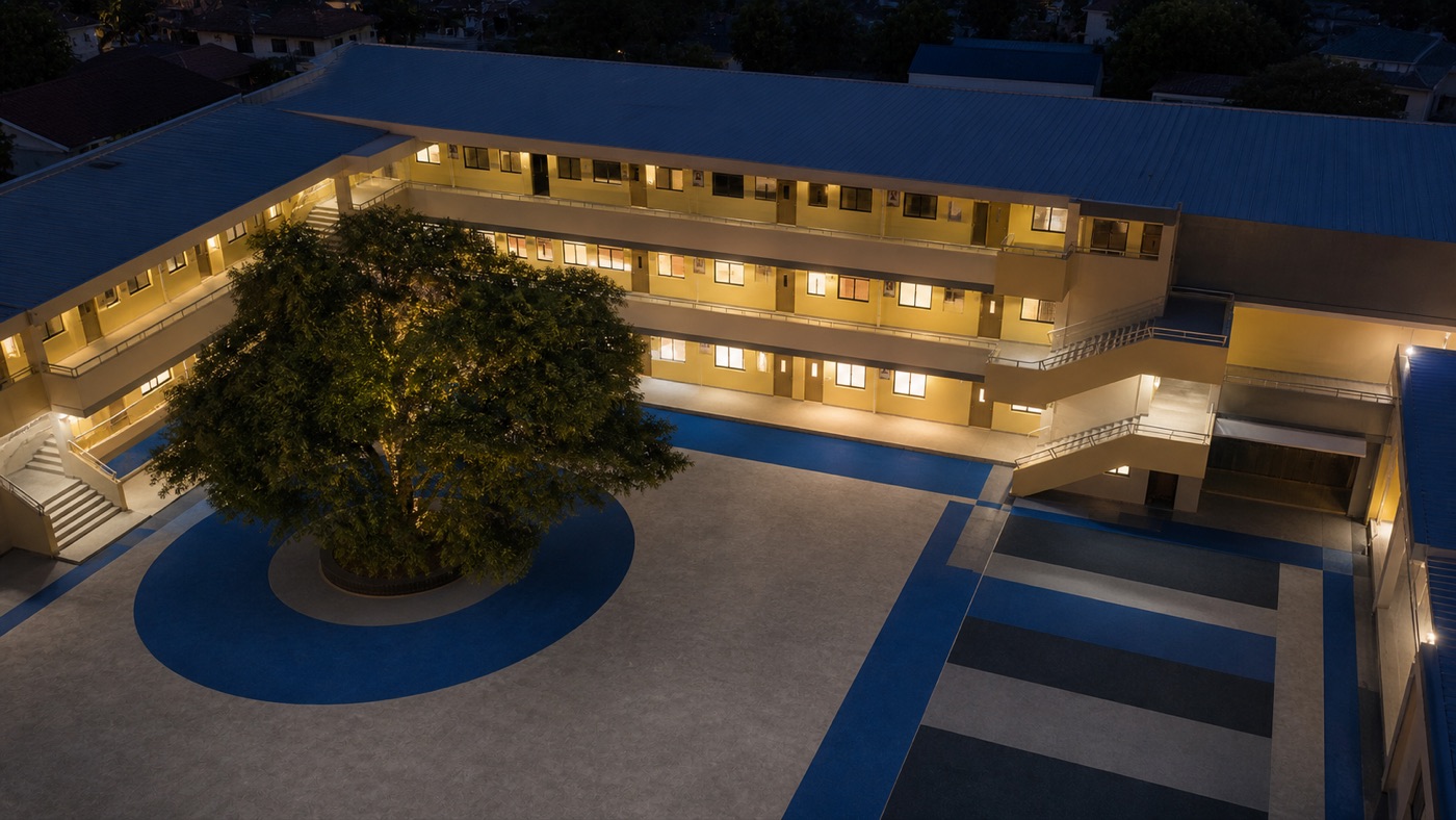Aerial view of an education lighting installation at a school courtyard