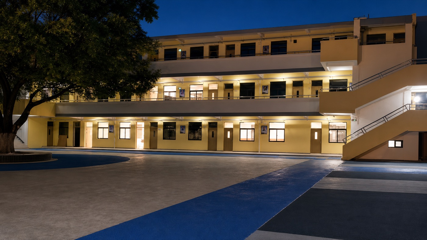 Education lighting installation in a school courtyard